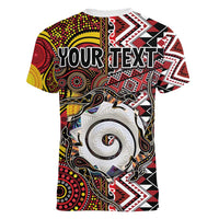 Personalised Aotearoa and Australia Together Women V-Neck T-Shirt Koru and Kangaroo - Taniko with Aboriginal Motif LT03 - Polynesian Pride