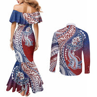 Hawaiian Manta Ray and Hammerhead Shark Tribal Tattoo Couples Matching Mermaid Dress and Long Sleeve Button Shirt with Polynesian Tribal Pattern Hawaii Flag Color LT03 - Polynesian Pride
