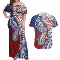 Hawaiian Manta Ray and Hammerhead Shark Tribal Tattoo Couples Matching Off Shoulder Maxi Dress and Hawaiian Shirt with Polynesian Tribal Pattern Hawaii Flag Color LT03 Multicolor - Polynesian Pride