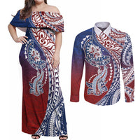 Hawaiian Manta Ray and Hammerhead Shark Tribal Tattoo Couples Matching Off Shoulder Maxi Dress and Long Sleeve Button Shirt with Polynesian Tribal Pattern Hawaii Flag Color LT03 Multicolor - Polynesian Pride