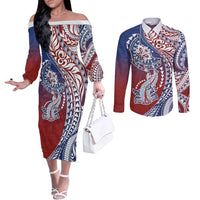 Hawaiian Manta Ray and Hammerhead Shark Tribal Tattoo Couples Matching Off The Shoulder Long Sleeve Dress and Long Sleeve Button Shirt with Polynesian Tribal Pattern Hawaii Flag Color LT03 Multicolor - Polynesian Pride