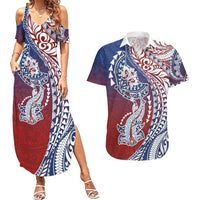 Hawaiian Manta Ray and Hammerhead Shark Tribal Tattoo Couples Matching Summer Maxi Dress and Hawaiian Shirt with Polynesian Tribal Pattern Hawaii Flag Color LT03 Multicolor - Polynesian Pride