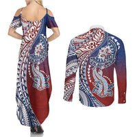 Hawaiian Manta Ray and Hammerhead Shark Tribal Tattoo Couples Matching Summer Maxi Dress and Long Sleeve Button Shirt with Polynesian Tribal Pattern Hawaii Flag Color LT03 - Polynesian Pride