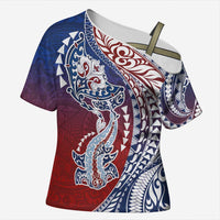 Hawaiian Manta Ray and Hammerhead Shark Tribal Tattoo Cross Shoulder Shirt with Polynesian Tribal Pattern Hawaii Flag Color LT03 Female Multicolor - Polynesian Pride