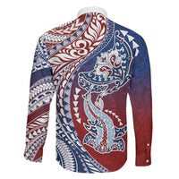 Hawaiian Manta Ray and Hammerhead Shark Tribal Tattoo Family Matching Off The Shoulder Long Sleeve Dress and Hawaiian Shirt with Polynesian Tribal Pattern Hawaii Flag Color LT03 - Polynesian Pride