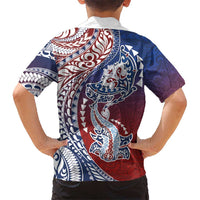Hawaiian Manta Ray and Hammerhead Shark Tribal Tattoo Family Matching Off Shoulder Short Dress and Hawaiian Shirt with Polynesian Tribal Pattern Hawaii Flag Color LT03 - Polynesian Pride