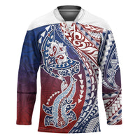 Hawaiian Manta Ray and Hammerhead Shark Tribal Tattoo Hockey Jersey with Polynesian Tribal Pattern Hawaii Flag Color LT03 Unisex Multicolor - Polynesian Pride