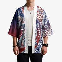 Hawaiian Manta Ray and Hammerhead Shark Tribal Tattoo Kimono with Polynesian Tribal Pattern Hawaii Flag Color LT03 - Polynesian Pride