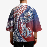 Hawaiian Manta Ray and Hammerhead Shark Tribal Tattoo Kimono with Polynesian Tribal Pattern Hawaii Flag Color LT03 - Polynesian Pride