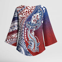 Hawaiian Manta Ray and Hammerhead Shark Tribal Tattoo Kimono Sleeve Blouse with Polynesian Tribal Pattern Hawaii Flag Color LT03 - Polynesian Pride