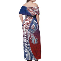 Hawaiian Manta Ray and Hammerhead Shark Tribal Tattoo Off Shoulder Maxi Dress with Polynesian Tribal Pattern Hawaii Flag Color LT03 - Polynesian Pride