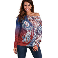 Hawaiian Manta Ray and Hammerhead Shark Tribal Tattoo Off Shoulder Sweater with Polynesian Tribal Pattern Hawaii Flag Color LT03 Women Multicolor - Polynesian Pride