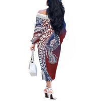 Hawaiian Manta Ray and Hammerhead Shark Tribal Tattoo Off The Shoulder Long Sleeve Dress with Polynesian Tribal Pattern Hawaii Flag Color LT03 - Polynesian Pride