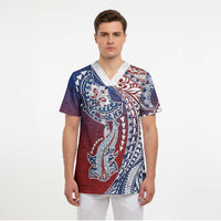 Hawaiian Manta Ray and Hammerhead Shark Tribal Tattoo Scrub Top with Polynesian Tribal Pattern Hawaii Flag Color LT03 - Polynesian Pride