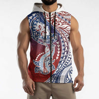 Hawaiian Manta Ray and Hammerhead Shark Tribal Tattoo Sleeveless Zip Hoodie with Polynesian Tribal Pattern Hawaii Flag Color LT03 - Polynesian Pride