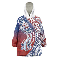 Hawaiian Manta Ray and Hammerhead Shark Tribal Tattoo Wearable Blanket Hoodie with Polynesian Tribal Pattern Hawaii Flag Color LT03 One Size Multicolor - Polynesian Pride