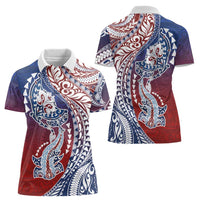 Hawaiian Manta Ray and Hammerhead Shark Tribal Tattoo Women Polo Shirt with Polynesian Tribal Pattern Hawaii Flag Color LT03 - Polynesian Pride