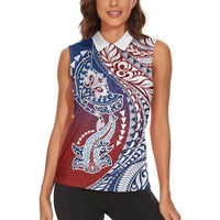 Hawaiian Manta Ray and Hammerhead Shark Tribal Tattoo Women Sleeveless Polo Shirt with Polynesian Tribal Pattern Hawaii Flag Color LT03 - Polynesian Pride