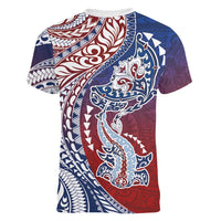 Hawaiian Manta Ray and Hammerhead Shark Tribal Tattoo Women V-Neck T-Shirt with Polynesian Tribal Pattern Hawaii Flag Color LT03 - Polynesian Pride