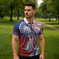 Hawaiian Manta Ray and Hammerhead Shark Tribal Tattoo Zipper Polo Shirt with Polynesian Tribal Pattern Hawaii Flag Color LT03 - Polynesian Pride