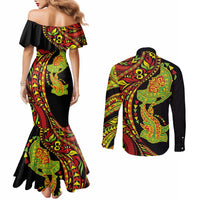 Hawaiian Manta Ray and Hammerhead Shark Tribal Tattoo Couples Matching Mermaid Dress and Long Sleeve Button Shirt with Polynesian Tribal Pattern Kanaka Maoli Flag Color LT03 - Polynesian Pride