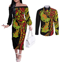 Hawaiian Manta Ray and Hammerhead Shark Tribal Tattoo Couples Matching Off The Shoulder Long Sleeve Dress and Long Sleeve Button Shirt with Polynesian Tribal Pattern Kanaka Maoli Flag Color LT03 Multicolor - Polynesian Pride