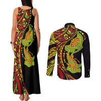 Hawaiian Manta Ray and Hammerhead Shark Tribal Tattoo Couples Matching Tank Maxi Dress and Long Sleeve Button Shirt with Polynesian Tribal Pattern Kanaka Maoli Flag Color LT03 - Polynesian Pride