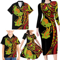Hawaiian Manta Ray and Hammerhead Shark Tribal Tattoo Family Matching Long Sleeve Bodycon Dress and Hawaiian Shirt with Polynesian Tribal Pattern Kanaka Maoli Flag Color LT03 - Polynesian Pride