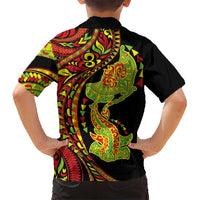 Hawaiian Manta Ray and Hammerhead Shark Tribal Tattoo Family Matching Off The Shoulder Long Sleeve Dress and Hawaiian Shirt with Polynesian Tribal Pattern Kanaka Maoli Flag Color LT03 - Polynesian Pride