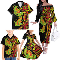 Hawaiian Manta Ray and Hammerhead Shark Tribal Tattoo Family Matching Off The Shoulder Long Sleeve Dress and Hawaiian Shirt with Polynesian Tribal Pattern Kanaka Maoli Flag Color LT03 - Polynesian Pride