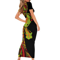 Hawaiian Manta Ray and Hammerhead Shark Tribal Tattoo Family Matching Short Sleeve Bodycon Dress and Hawaiian Shirt with Polynesian Tribal Pattern Kanaka Maoli Flag Color LT03 - Polynesian Pride