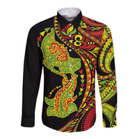 Hawaiian Manta Ray and Hammerhead Shark Tribal Tattoo Long Sleeve Button Shirt with Polynesian Tribal Pattern Kanaka Maoli Flag Color LT03 Unisex Multicolor - Polynesian Pride