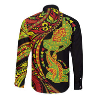 Hawaiian Manta Ray and Hammerhead Shark Tribal Tattoo Long Sleeve Button Shirt with Polynesian Tribal Pattern Kanaka Maoli Flag Color LT03 - Polynesian Pride