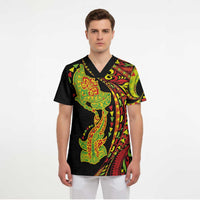 Hawaiian Manta Ray and Hammerhead Shark Tribal Tattoo Scrub Top with Polynesian Tribal Pattern Kanaka Maoli Flag Color LT03 - Polynesian Pride