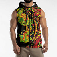 Hawaiian Manta Ray and Hammerhead Shark Tribal Tattoo Sleeveless Zip Hoodie with Polynesian Tribal Pattern Kanaka Maoli Flag Color LT03 - Polynesian Pride