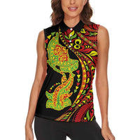 Hawaiian Manta Ray and Hammerhead Shark Tribal Tattoo Women Sleeveless Polo Shirt with Polynesian Tribal Pattern Kanaka Maoli Flag Color LT03 - Polynesian Pride