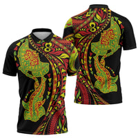 Hawaiian Manta Ray and Hammerhead Shark Tribal Tattoo Zipper Polo Shirt with Polynesian Tribal Pattern Kanaka Maoli Flag Color LT03 - Polynesian Pride
