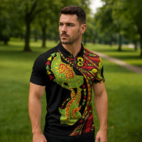 Hawaiian Manta Ray and Hammerhead Shark Tribal Tattoo Zipper Polo Shirt with Polynesian Tribal Pattern Kanaka Maoli Flag Color LT03 - Polynesian Pride