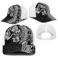 Hawaiian Manta Ray and Hammerhead Shark Tribal Tattoo Baseball Net Cap with Polynesian Tribal Pattern Black-White Color