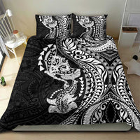 Hawaiian Manta Ray and Hammerhead Shark Tribal Tattoo Bedding Set with Polynesian Tribal Pattern Black-White Color