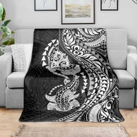 Hawaiian Manta Ray and Hammerhead Shark Tribal Tattoo Blanket with Polynesian Tribal Pattern Black-White Color