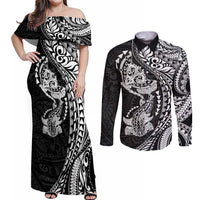 Hawaiian Manta Ray and Hammerhead Shark Tribal Tattoo Couples Matching Off Shoulder Maxi Dress and Long Sleeve Button Shirt with Polynesian Tribal Pattern Black-White Color LT03 Multicolor - Polynesian Pride