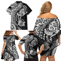 Hawaiian Manta Ray and Hammerhead Shark Tribal Tattoo Family Matching Off Shoulder Short Dress and Hawaiian Shirt with Polynesian Tribal Pattern Black-White Color LT03 - Polynesian Pride