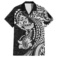Hawaiian Manta Ray and Hammerhead Shark Tribal Tattoo Family Matching Puletasi and Hawaiian Shirt with Polynesian Tribal Pattern Black-White Color LT03 Dad's Shirt - Short Sleeve Multicolor - Polynesian Pride