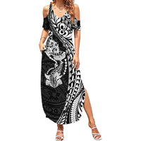 Hawaiian Manta Ray and Hammerhead Shark Tribal Tattoo Family Matching Summer Maxi Dress and Hawaiian Shirt with Polynesian Tribal Pattern Black-White Color LT03 Mom's Dress Multicolor - Polynesian Pride