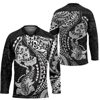 Hawaiian Manta Ray and Hammerhead Shark Tribal Tattoo Hockey Jersey with Polynesian Tribal Pattern Black-White Color LT03 - Polynesian Pride