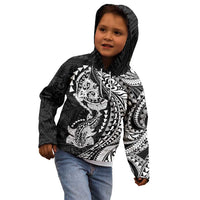 Hawaiian Manta Ray and Hammerhead Shark Tribal Tattoo Kid Hoodie with Polynesian Tribal Pattern Black-White Color LT03 - Polynesian Pride