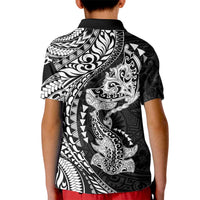 Hawaiian Manta Ray and Hammerhead Shark Tribal Tattoo Kid Polo Shirt with Polynesian Tribal Pattern Black-White Color LT03 - Polynesian Pride