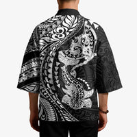 Hawaiian Manta Ray and Hammerhead Shark Tribal Tattoo Kimono with Polynesian Tribal Pattern Black-White Color