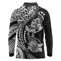Hawaiian Manta Ray and Hammerhead Shark Tribal Tattoo Long Sleeve Polo Shirt with Polynesian Tribal Pattern Black-White Color LT03 - Polynesian Pride